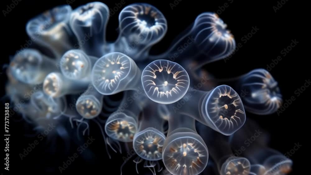 Poster a mesmerizing image of a of tiny transparent creatures swimming together in a spiral formation. each