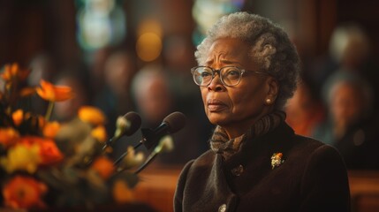 Elder Woman Speaking at Church Funeral Service - obrazy, fototapety, plakaty