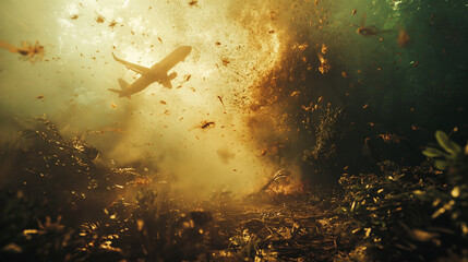 Abandoned plane wreckage in a wild place.