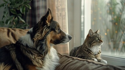 a dog and a cat sitting on a couch looking out a window