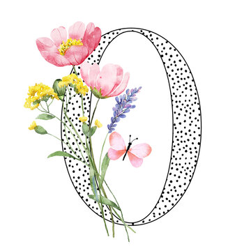 Number 0 with watercolor wild flowers hand painting. Perfectly for childbirth, anniversary, wedding invitation, greeting card, logo, poster and other floral design. Isolated on white background.