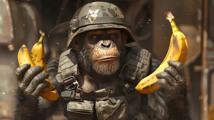 Foto op Plexiglas Fighting monkey. Monkey in military uniform with bananas. A monkey in an armored vest and helmet with bananas in his paws. © poto8313