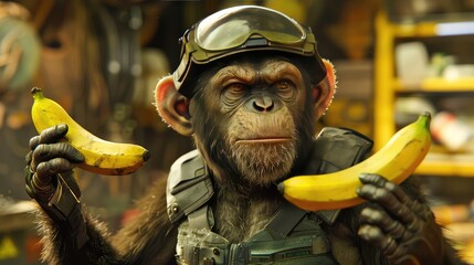 Fighting monkey. Monkey in military uniform with bananas. A monkey in an armored vest and helmet with bananas in his paws.