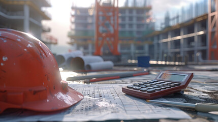 a calculator and hardhat sitting on top of a construction plan - obrazy, fototapety, plakaty