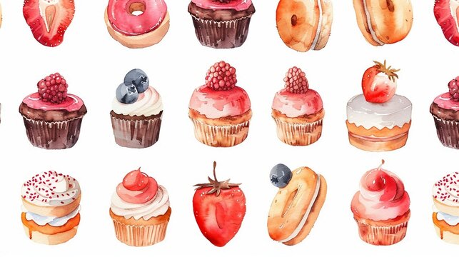 a bunch of cupcakes that are painted in watercolor