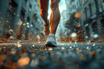 a close up of a person running on a city street