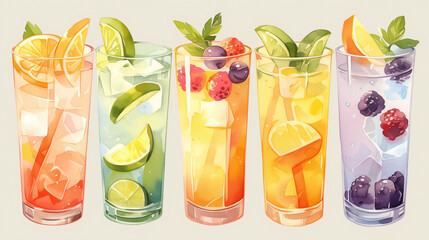 watercolor 6 glasses of colorful iced drink with fruit decoration  in the style of clip art, 2d flat view