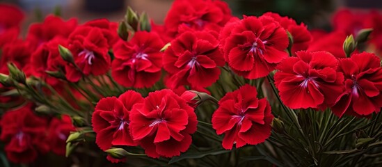 Numerous vibrant red flowers are blooming beautifully in a single pot placed indoors