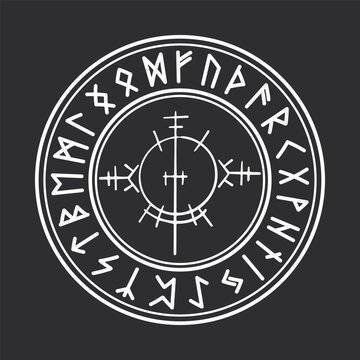 Rune circle Icelandic celtic viking talisman Navigation Compass, frame occult amulet, tribal norse writng isolated on dark background.