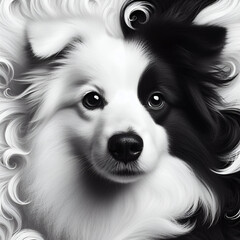 A drawing of a dog that has a black and white face.
