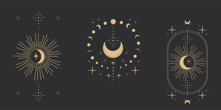 Set gold moon celestial tattoo or tarot astrology magic element with rays, stars, burst minimal line border or decoration isolated on dark background. Space symbols, emblem.