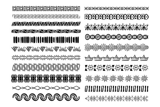 Set aztec tribal motive border in doodle hand drawn style from geometrical shapes isolated on white background. boho scandinavian srtoke, traditional native decor.