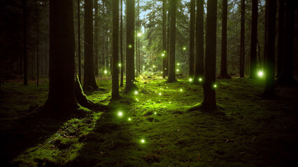  Dreamy fairy tale woods with green glowing fireflies.