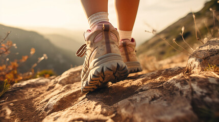 The lifestyle of a hiker, enjoying the great outdoors, walking leisurely through tracks. -  Close-up of hiking boots on a mountain trail, symbolizing the passion for fitness and outdoor adventure - obrazy, fototapety, plakaty