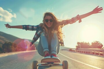 Teen girl feeling happy on longboard. Happy young skater riding her skateboard with hands spread sideways, feeling freedom, going towards the sun  - obrazy, fototapety, plakaty