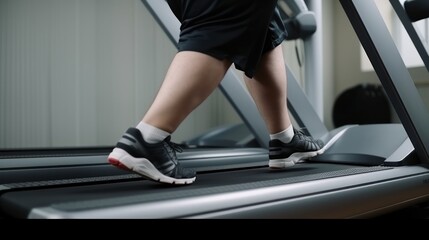 Fototapeta premium Legs of overweight man running on treadmill in gym with modern sports equipment. Desire to get rid of fat and mass in adulthood. Hard work to get perfect body and exercise for chubby people concept