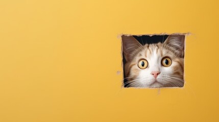 Curious Cat Peeking Through Torn Yellow Paper Wall