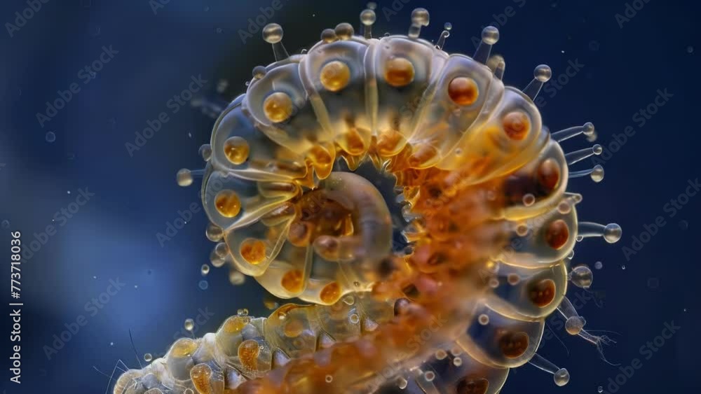 Poster a highly magnified image of a tiny insect larvae with its soft and pliable body segmented and curled
