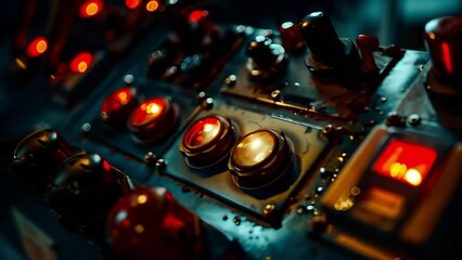 The control panel of a production machine used for handling hydraulic fluids featuring emergency stop buttons and warning lights for potential hazards.