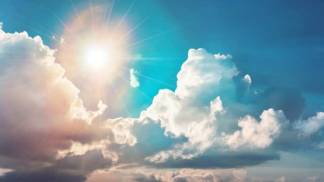 Beautiful cloudy sky with sunshine Peaceful natural background Sunny divine heaven Religion heavenly concept Copy space image Place for adding text or design. Generative AI