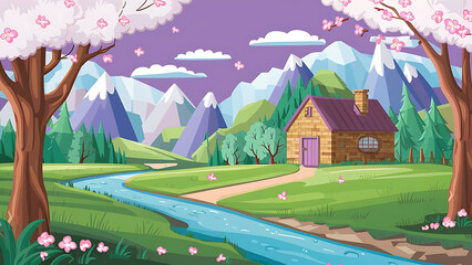 A serene and enchanting scene of a picturesque cottage nestled in the remote mountains, surrounded by a river stream and cherry blossom trees. Generative AI