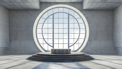 A sleek and modern rendering of an empty concrete room, featuring a massive circular window that allows natural light to flood in. Generative AI