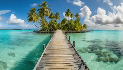 Fotobehang  bridge wooden pier extending maldives, bridge, landscape into the crystal-clear waters of a tropical paradise, © Gul