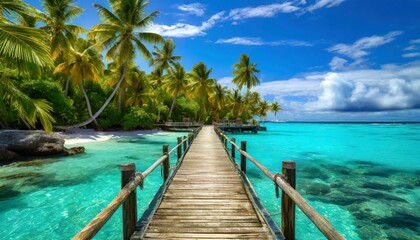 beach with sky wooden pier extending into the crystal-clear waters of a tropical paradise, - obrazy, fototapety, plakaty
