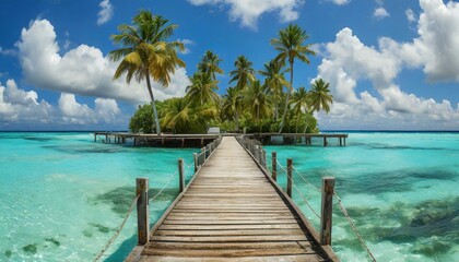 beach with sky wooden pier extending into the crystal-clear waters of a tropical paradise,sky, sand, travel, maldives, palm, vacation, summer, jetty,  - obrazy, fototapety, plakaty