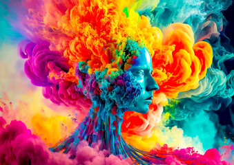 人の顔のシルエットに渦巻くカラフルな煙