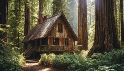 old wooden house A quaint wooden cottage nestled amidst a dense forest of towering redwood trees,,...