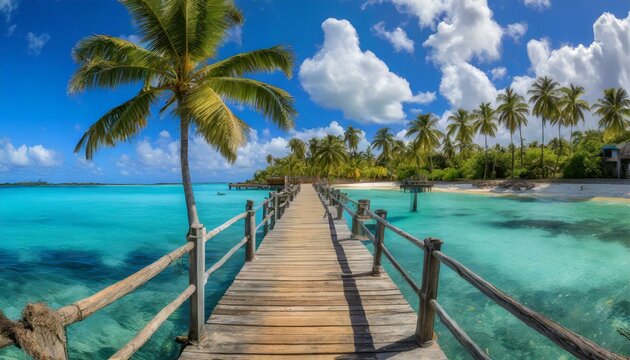 beach in maldives wooden pier extending into the crystal-clear waters of a  sunny, sun, beautiful ,tropical paradise,