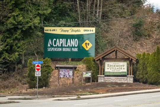 Vancouver, British Columbia, Canada. Mar 24, 2024. Capilano Suspension Bridge Park and Edgemont Boulevard welcome sign at North Vancouver.
