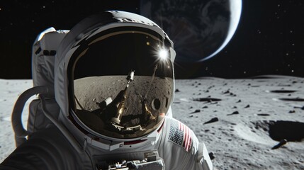 Close-up of an astronaut on the moon, hyper-realistic, focusing on the reflection in the visor of the helmet which captures the lunar module and the stark, AI Generative - obrazy, fototapety, plakaty