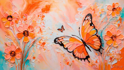 butterfly on the background of watercolors and flowers.