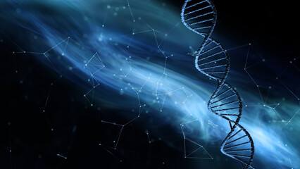 Dna 3d chain on artistic cyber space illustration background. Abstract universe.