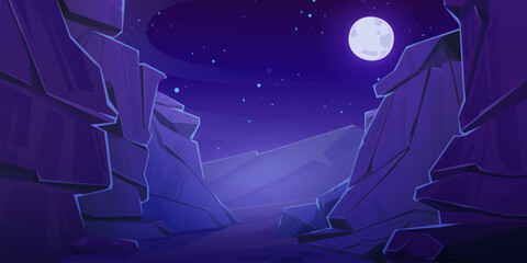 Obraz premium Night landscape with cliff mountain canyon under starry sky with full moon light. Cartoon vector illustration of dark rocky scenery. Great ledge with dangerous precipice. Gap between high stone edges.