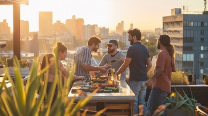 A group of friends enjoying a rooftop barbecue in an urban setting, city skyline in the background, casual and fun atmosphere. Resplendent.