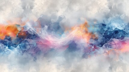 Ethereal watercolor art of abstract splashes, harmonious mix of blue, purple, grey, pink, and orange, light pastel shades, panoramic, digital painting, tranquil vibe, AI Generative