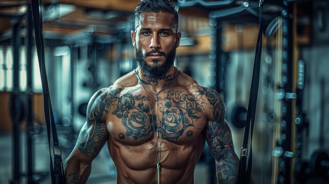 Fit man in a gym, tattoos visible, with a focused and intense expression, symbolizing dedication and strength, AI Generative
