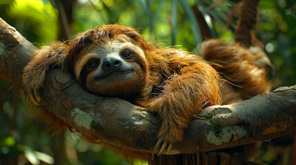 lazy sloth hanging, lush tropical forest, relaxed, detailed fur texture, natural, soft filtered light, AI Generative