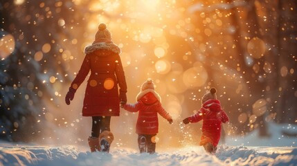 Mother and children enjoying a playful winter stroll, engaging in snow play, AI Generative