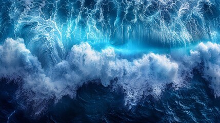 The ocean from above, a wide view that captures the majestic dance of waves, the deep blue hues ranging from turquoise to navy, AI Generative