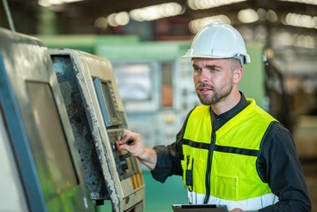 One man professional engineer worker technician checking old machine construction factory for maintenance. factory assistant worker in helmet check inspect old machinery construction in old factory.