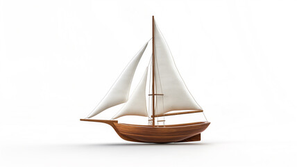 Wooden model sailboat with white sails on a plain background.