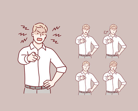 Angry man pointing his finger and shouting. Hand drawn style vector design illustrations.