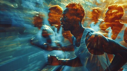 Blurred movement of male athletes exchanging baton in relay competition.