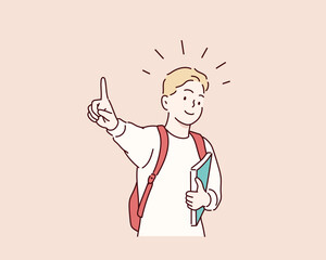 adult, background, book, boy, cartoon, character, child, childhood, concept, doodle, education, elementary, finger, flat, forefinger, gesturing, hand, illustration, index, kid, knowledge, learn, littl