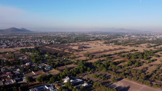 Pyramid of Teotihuacan is the main archaeological site in the surroundings of Mexico City. The sunrise shows great views of the historical site. Aerial shot in 4K. Part 3.