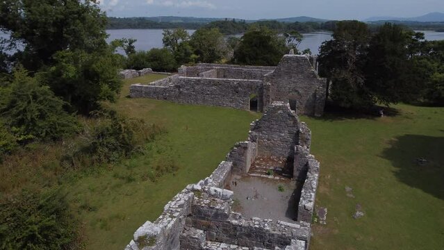 Innisfallen Abbey Monastery 1.5km from Ross Castle in the heart of Killarney National Park. Aerial shot of the ruins in Ireland. Part 3